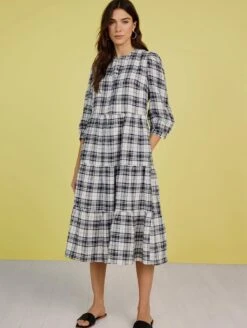 Maria Linen Checked Dress | Navy & Soft White