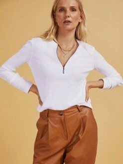 Baukjen Essentials Ribbed Organic Cotton Long Sleeve Zip Top | Pure White