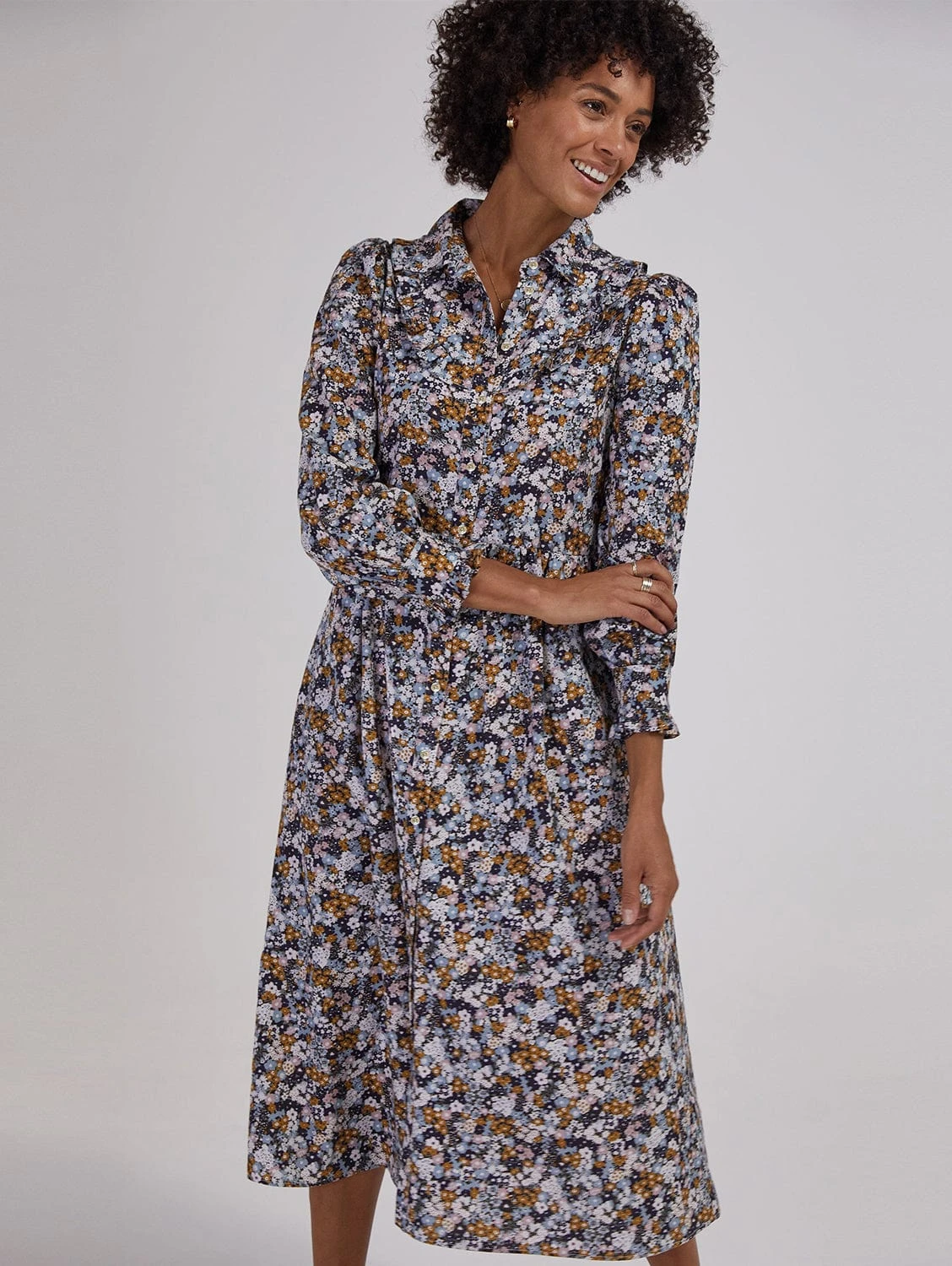 Zenni Organic Cotton Ditsy Print Midi Dress | Navy Flower 3 Zenni Organic Cotton Ditsy Print Midi Dress | Navy Flower