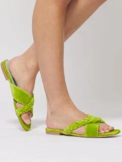 Bloom Cotton Velvet Vegan Braided Cross Strap Slider Sandals | Acido Green