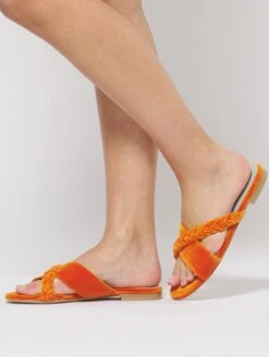 Bloom Cotton Velvet Vegan Braided Cross Strap Slider Sandals | Pumpkin Orange