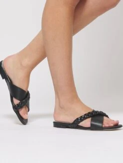 Bloom Vegan Leather Braided Cross Strap Slider Sandals | Black