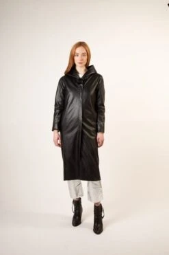 Recycled Vegan Coffee Leather Long Coat | Black -Women Clothing Store culthread recycled vegan coffee leather long coat black 30697423077489