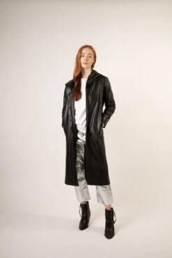 Recycled Vegan Coffee Leather Long Coat | Black -Women Clothing Store culthread recycled vegan coffee leather long coat black 30697423208561