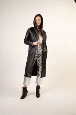 Recycled Vegan Coffee Leather Long Coat | Black -Women Clothing Store culthread recycled vegan coffee leather long coat black 30697423274097