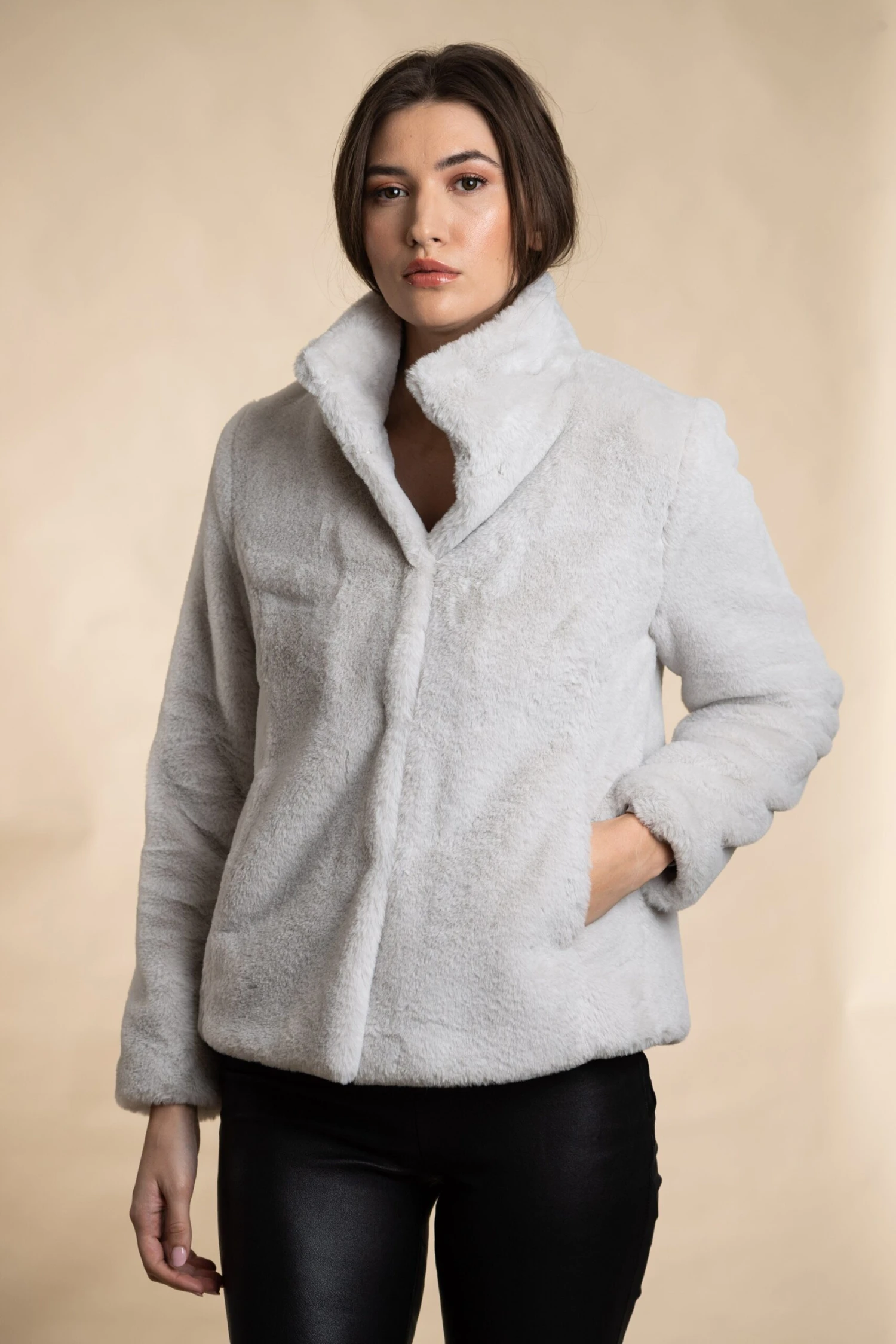 Reloved Ava Recycled Faux Fur Jacket | Soft Grey 5 Reloved Ava Recycled Faux Fur Jacket | Soft Grey - Image 3