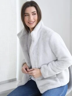 Reloved Ava Recycled Faux Fur Jacket | Soft Grey