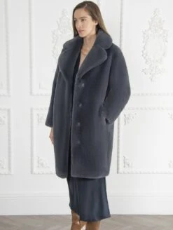 Signature Greta Luxe Long Recycled Vegan Fur Coat | Slate Grey