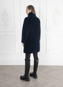 Signature Jackie Stand Collar Recycled Vegan Shearling Coat | Ink Blue -Women Clothing Store issy london signature jackie stand collar recycled faux shearling coat ink blue 30246519996529