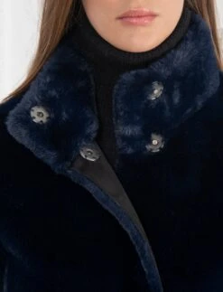 Signature Jackie Stand Collar Recycled Vegan Shearling Coat | Ink Blue -Women Clothing Store issy london signature jackie stand collar recycled faux shearling coat ink blue 30246520029297