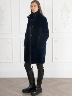 Signature Jackie Stand Collar Recycled Vegan Shearling Coat | Ink Blue