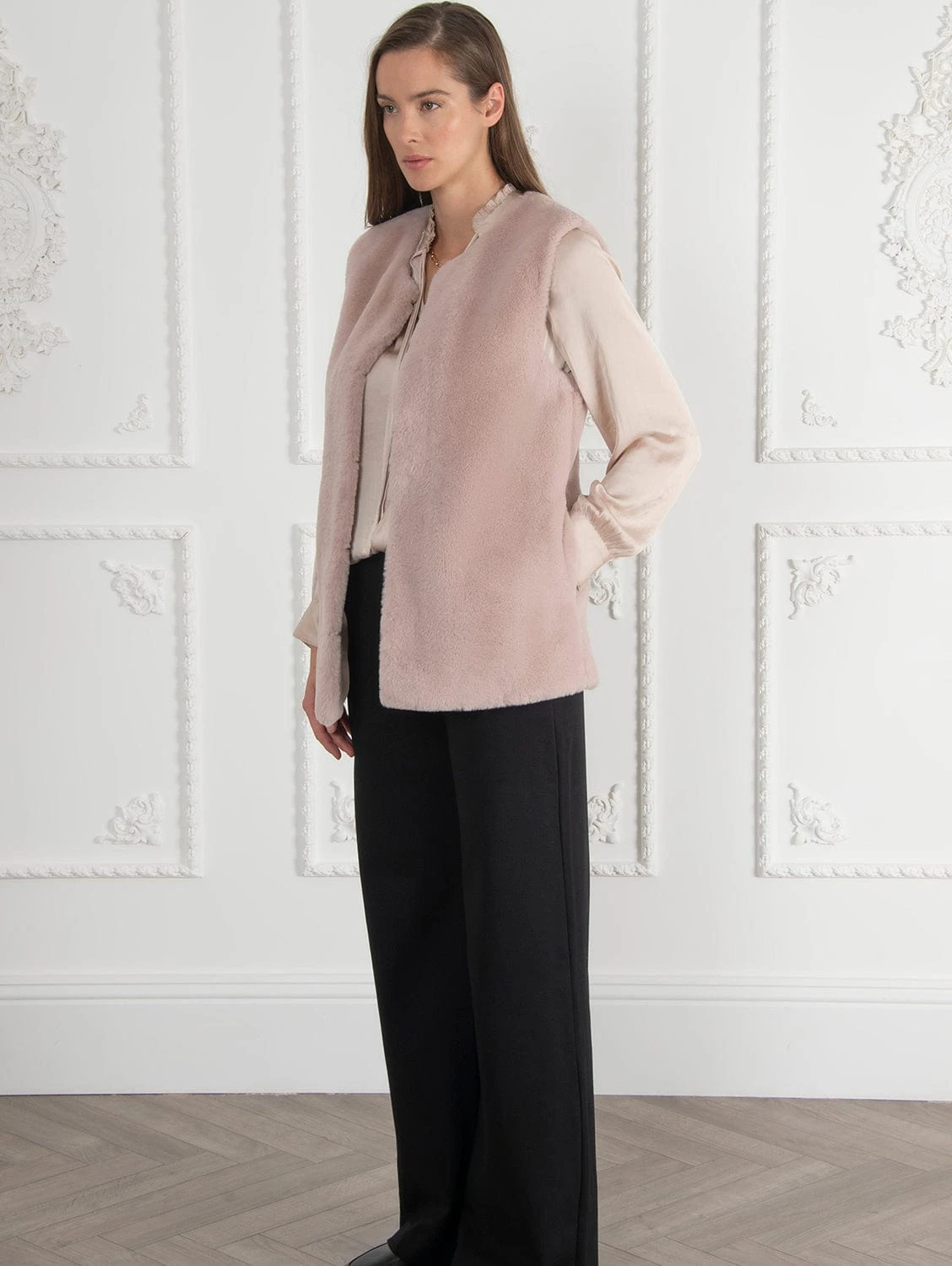 Signature Mae Recycled Vegan Fur Sleeveless Jacket | Blush 3 Signature Mae Recycled Vegan Fur Sleeveless Jacket | Blush