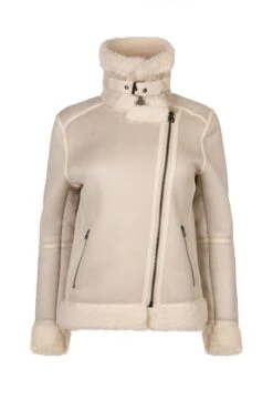 Weekend Kate Recycled Vegan Shearling Biker Jacket | Natural Stone -Women Clothing Store issy london weekend kate recycled faux shearling biker jacket natural stone 30246531563633