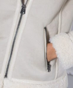 Weekend Kate Recycled Vegan Shearling Biker Jacket | Natural Stone -Women Clothing Store issy london weekend kate recycled faux shearling biker jacket natural stone 30246531661937