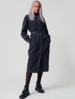 Komodo Feba Long Sleeve Organic Cotton Belted Denim Dress | Washed Grey