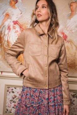 Camille Recycled Vegan Button Up Jacket | Beige -Women Clothing Store minuit sur terre camille beige 30621937500273