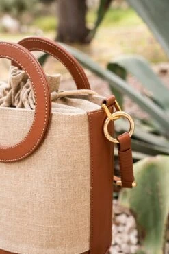 Gaia Round Handle Linen & Vegan Leather Handbag | Chestnut -Women Clothing Store minuit sur terre gaia camel lin 29888526385265