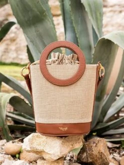 Gaia Round Handle Linen & Vegan Leather Handbag | Chestnut