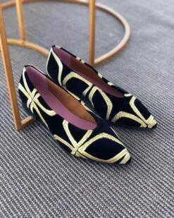 Jealous Vintage Vegan Eco Suede Ballerinas | Black & Gold -Women Clothing Store momoc pre order jalousie vintage 28990250221681