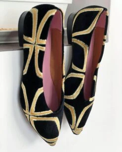 Jealous Vintage Vegan Eco Suede Ballerinas | Black & Gold -Women Clothing Store momoc pre order jalousie vintage 28990250254449
