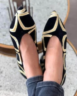 Jealous Vintage Vegan Eco Suede Ballerinas | Black & Gold -Women Clothing Store momoc pre order jalousie vintage 28990250287217