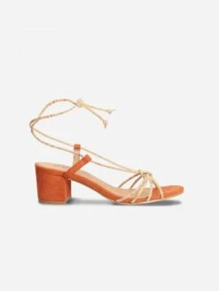 Holly Vegan Suede Heeled Ankle Laced Sandals | Orange