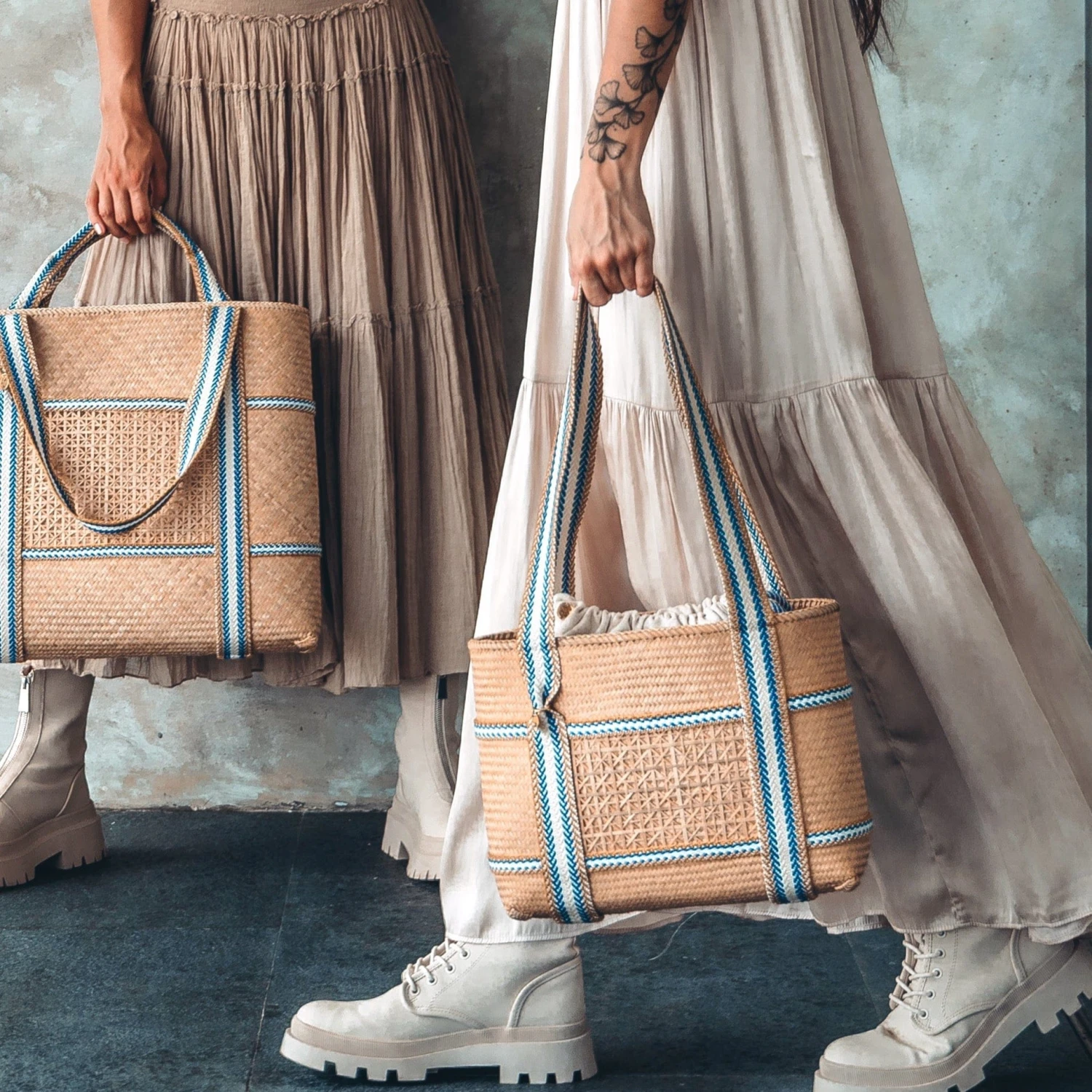 Malaka Handwoven Bamboo Vegan Small Tote Bag | Natural & Blue Stripe 4 Malaka Handwoven Bamboo Vegan Small Tote Bag | Natural & Blue Stripe - Image 2