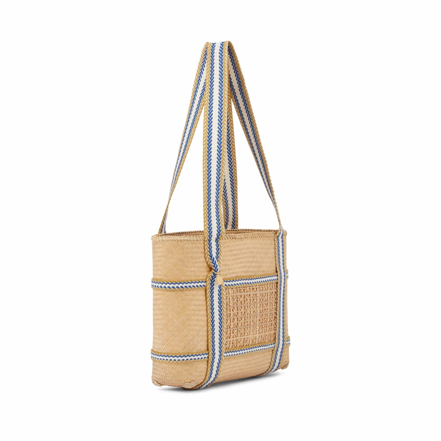 Malaka Handwoven Bamboo Vegan Small Tote Bag | Natural & Blue Stripe 5 Malaka Handwoven Bamboo Vegan Small Tote Bag | Natural & Blue Stripe - Image 3
