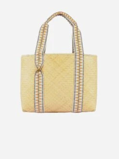 Mentawai Handwoven Bamboo Vegan Medium Tote Bag Orange Straps | Natural