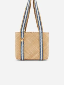 Mentawai Small Bamboo Tote Bag | Natural & Blue Stripe