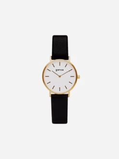 Petite Watch With Gold & White Dial | Black Vegan Leather Strap