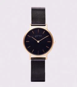 Petite Watch With Gold & Black Dial | Black Mesh Strap -Women Clothing Store votch gold black with black face vegan watch mesh petite 12756534689905