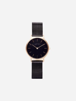 Petite Watch With Gold & Black Dial | Black Mesh Strap