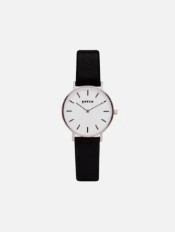 Petite Watch With Silver & White Dial | Black Vegan Leather Strap
