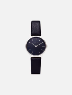Petite Watch With Silver & Black Dial | Black Vegan Leather Strap