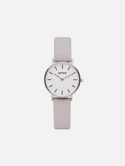 Petite Watch With Silver & White Dial | Light Grey Vegan Leather Strap