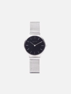 Petite Watch With Silver & Black Dial | Silver Mesh Strap
